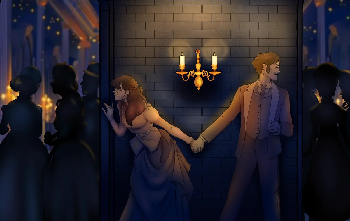 A man and woman in vintage formal attire stand in a dimly lit hallway with a candle sconce on a brick wall, holding hands…