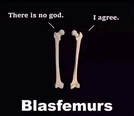 Two human femur bones are shown side-by-side against a black background. Text above them reads 'There is no god.' and 'I…