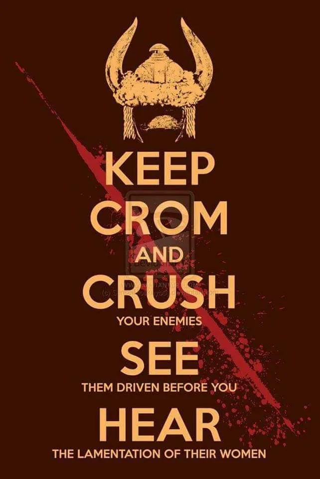 A dark brown poster features a stylized Viking helmet with horns at the top. Below it, large orange text reads 'KEEP CROM…