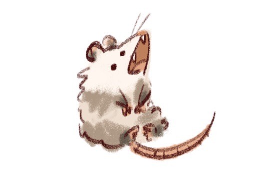 A cartoon illustration of a small, fluffy, brown-and-white rodent, possibly a mouse or rat, sitting upright with its mouth…