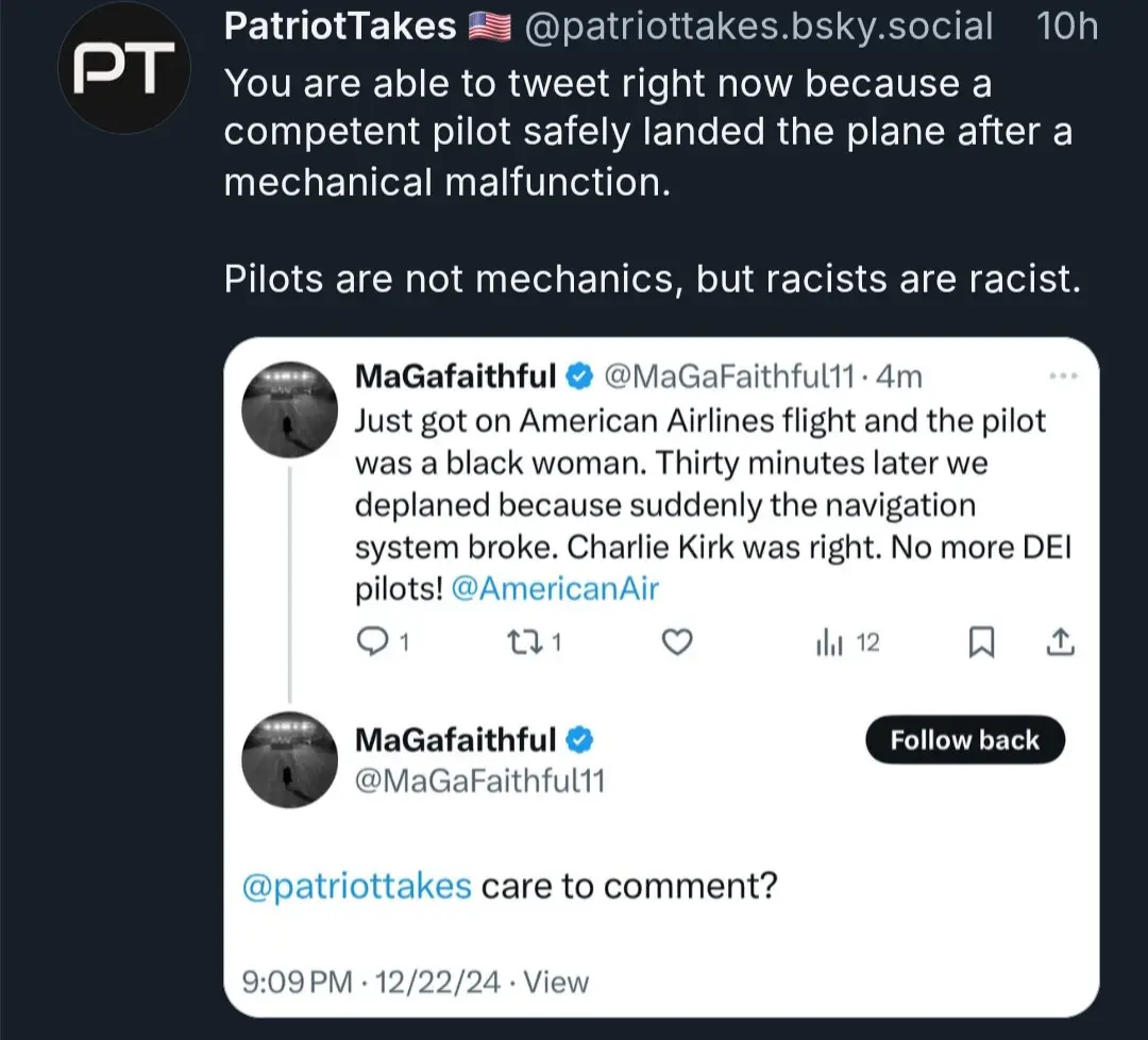 A screenshot of a social media thread where a user named 'PatriotTakes' responds to a tweet from 'MaGaFaithful'…