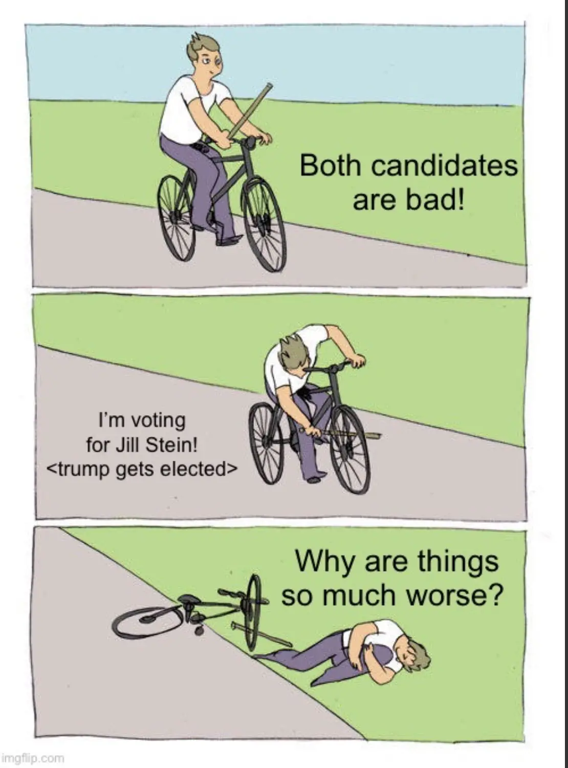 A three-panel comic strip shows a cyclist initially riding confidently, then leaning forward as if choosing a candidate, and…