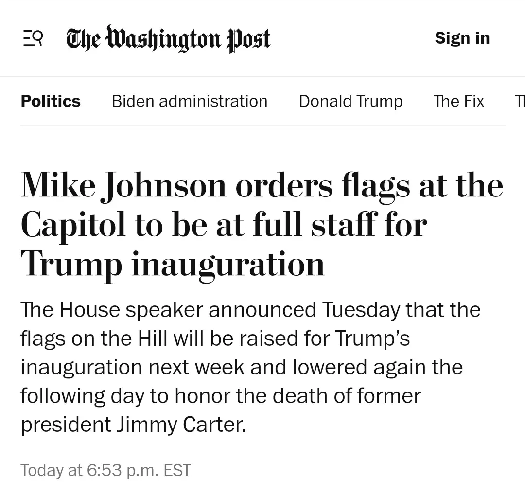 A screenshot of a Washington Post article headline reads 'Mike Johnson orders flags at the Capitol to be at full staff for…