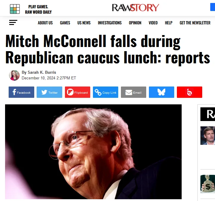 A screenshot of a Raw Story news article dated December 10, 2024, featuring a photo of Mitch McConnell with a headline…