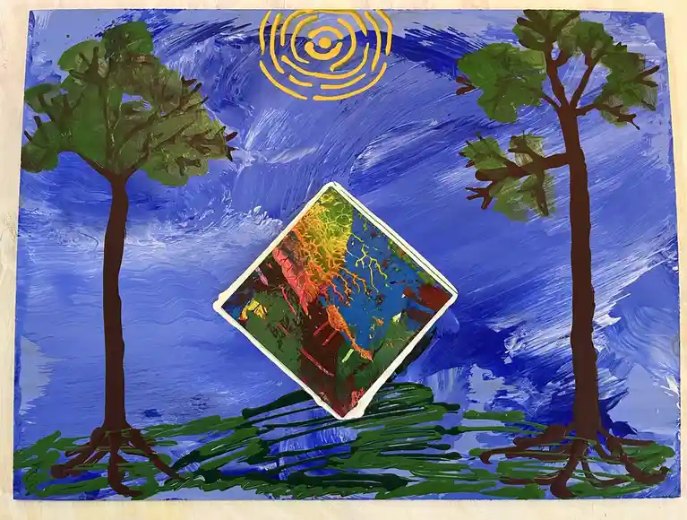 A child's painting depicts a blue sky with a yellow spiral sun and two green trees with brown trunks and roots. In the…
