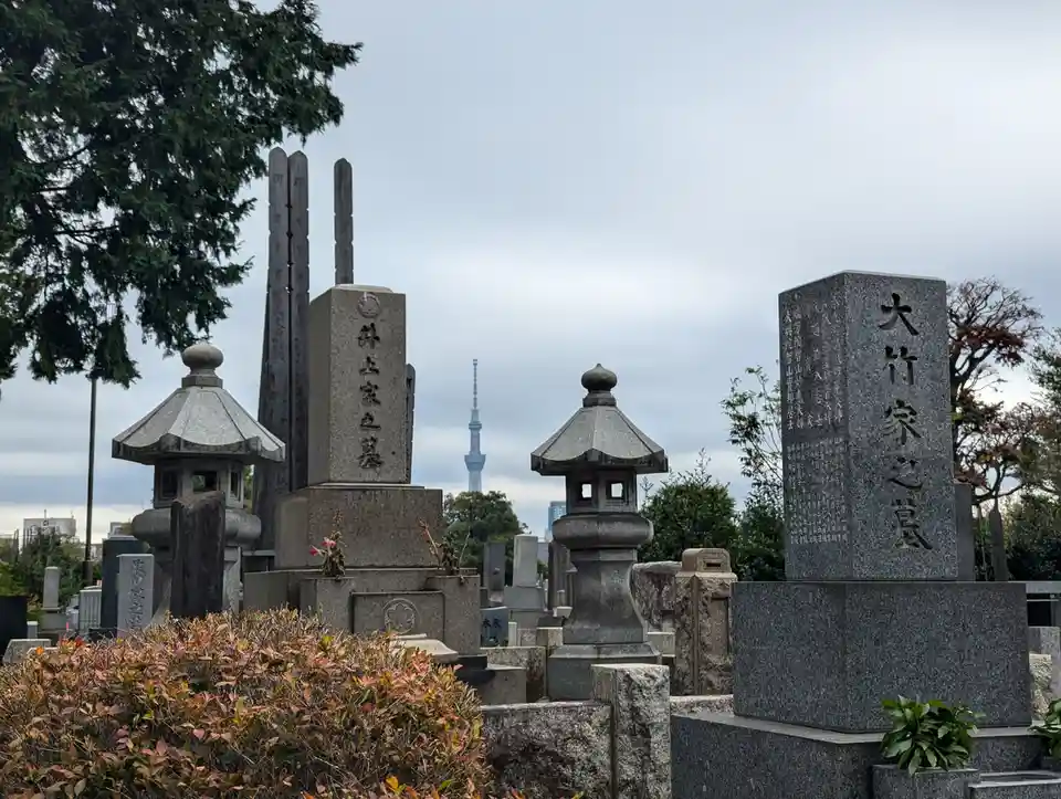 A photo of a Japanese cemetery with traditional stone grave markers and lanterns, featuring the Tokyo Skytree visible in the…