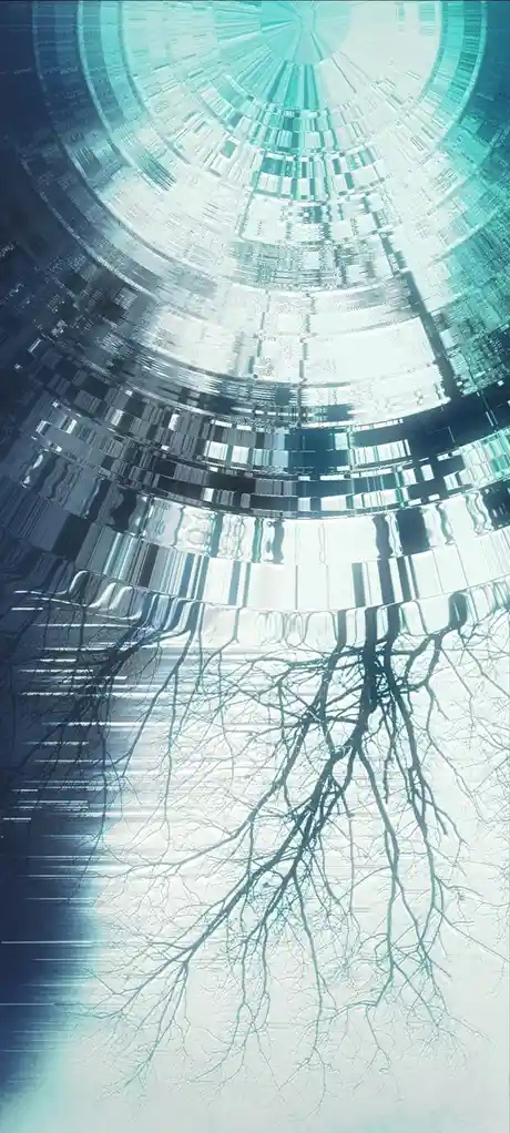 The image shows a surreal, glitchy digital tunnel with concentric rings of data-like patterns in teal and white, viewed from…