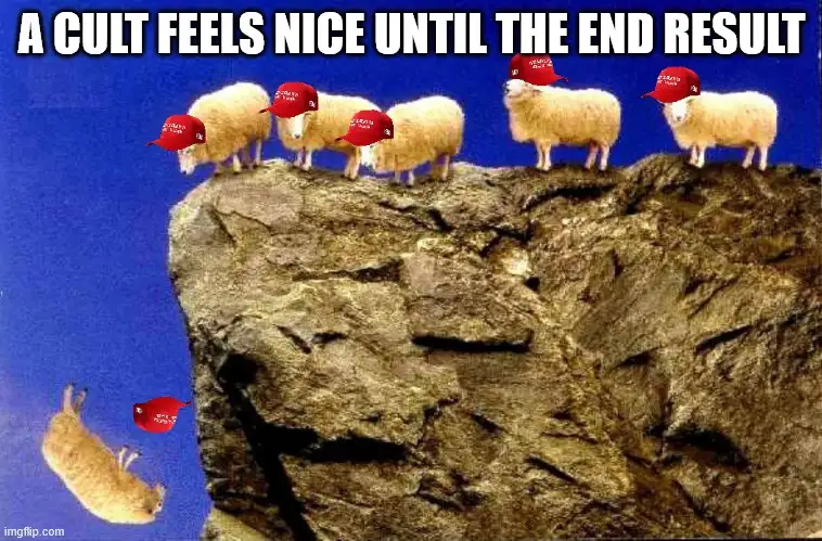 A group of sheep wearing red MAGA hats stand on the edge of a cliff, while one sheep has fallen off and is falling through…