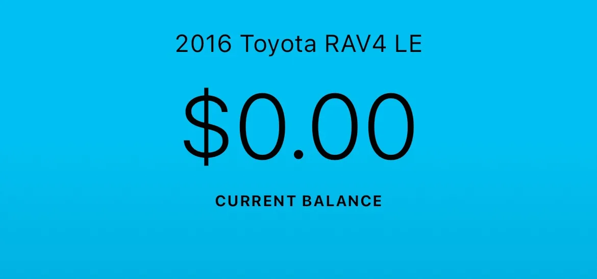 A bright blue background displays black text reading '2016 Toyota RAV4 LE' at the top, '$0.00' in large font in the center…