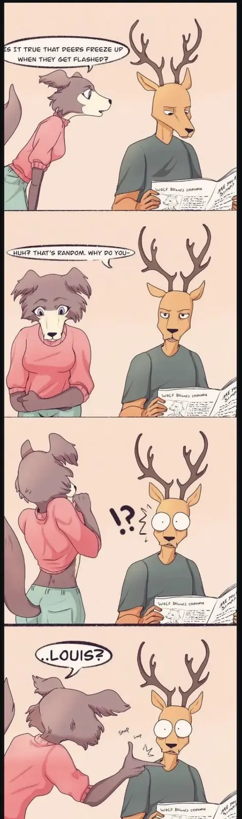 A four-panel comic strip featuring an anthropomorphic wolf and deer. The wolf asks the deer if peers freeze up when flashed…