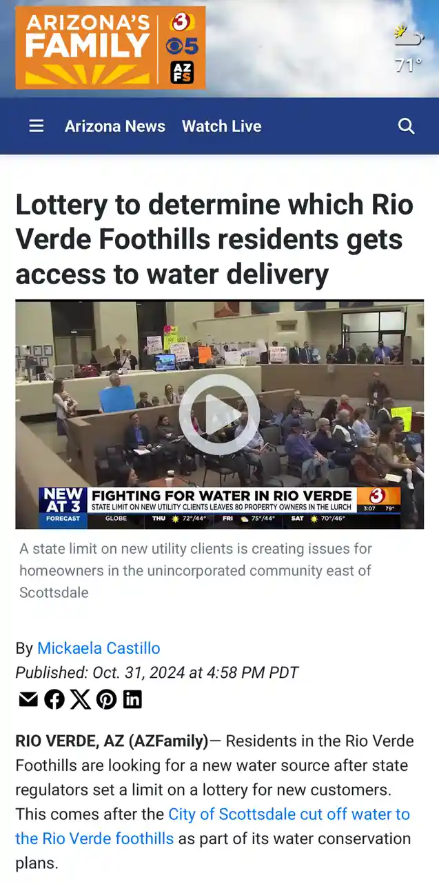 A screenshot of an Arizona's Family news article about a water crisis in Rio Verde Foothills, showing a video thumbnail of a…