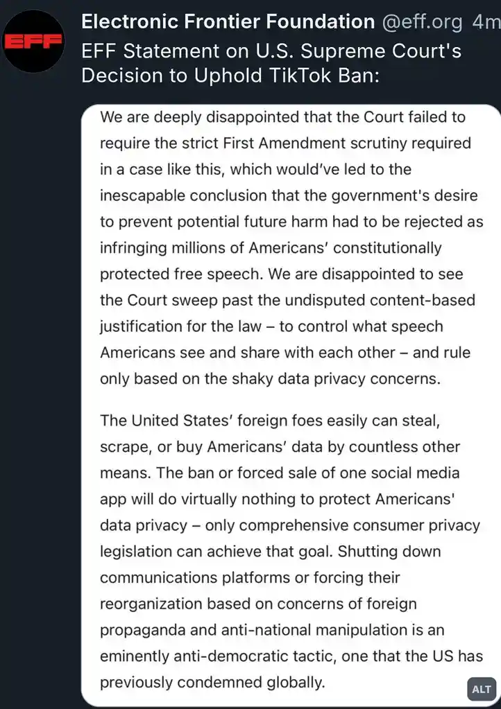 A screenshot of a tweet from the Electronic Frontier Foundation (EFF) detailing their official statement on the U.S. Supreme…