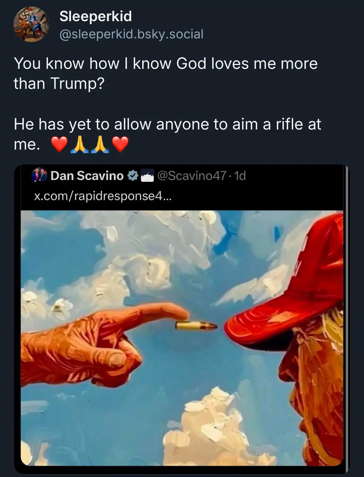 The image is a digitally altered painting showing a giant hand, resembling God's hand from Michelangelo's 'The Creation of…