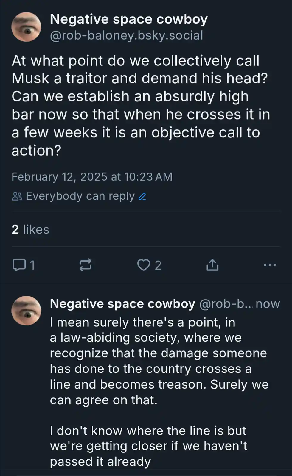 A screenshot of a social media post by 'Negative space cowboy' showing a two-part comment thread. The first post asks when…