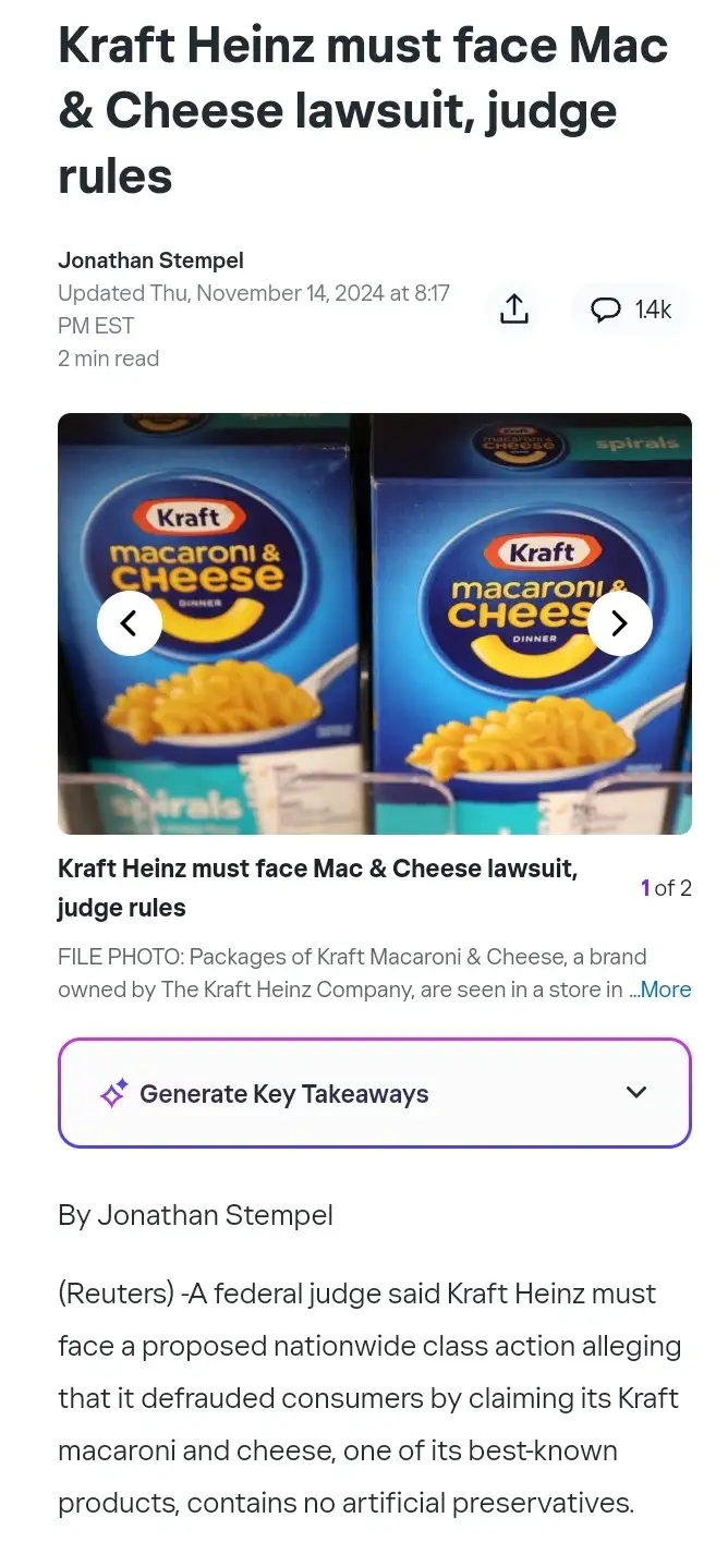 A screenshot of a news article headline about a lawsuit against Kraft Heinz for its macaroni and cheese product, featuring a…