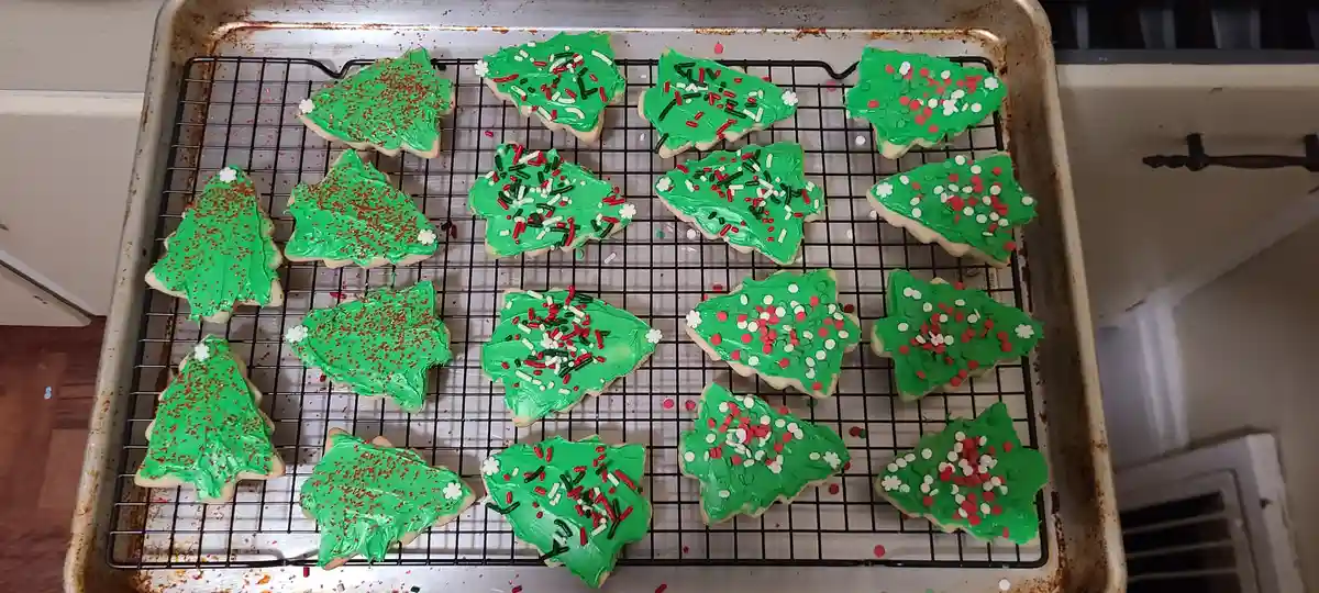 A tray of freshly baked, tree-shaped sugar cookies with green icing and various red, white, and green sprinkles, cooling on…