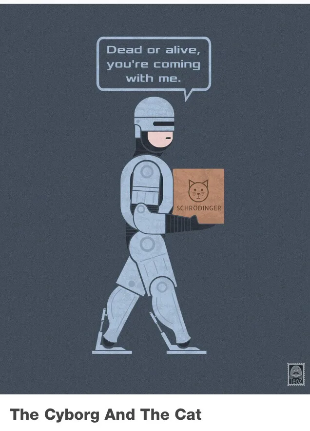 A stylized cyborg, resembling RoboCop, walks forward holding a cardboard box labeled 'SCHRÖDINGER' with a simple cat face…