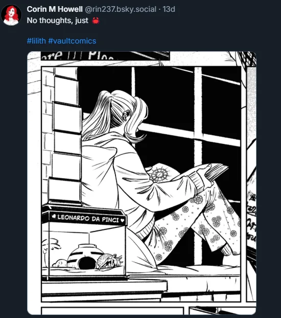 A black-and-white comic panel shows a person with long hair sitting on a windowsill, looking out at night. They are wearing…