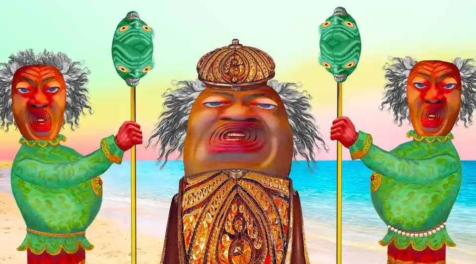 Three figures with distorted, screaming faces and wild gray hair stand on a beach at sunset. The central figure wears an…
