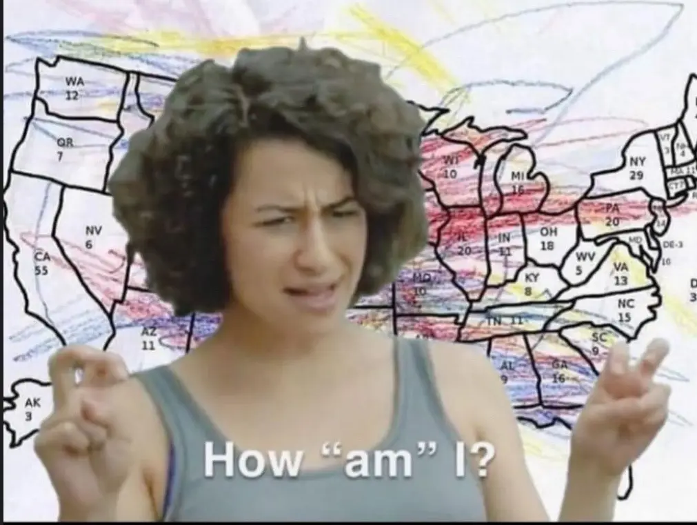 A woman with curly hair and a confused, frustrated expression stands in front of a hand-drawn map of the United States with…