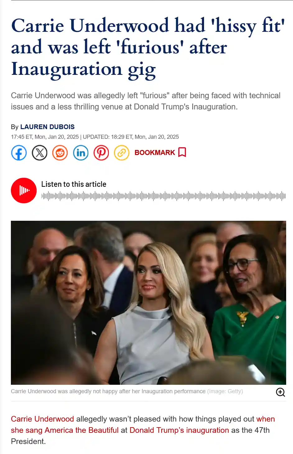 A screenshot of a news article with a headline claiming Carrie Underwood had a 'hissy fit' and was 'furious' after her…