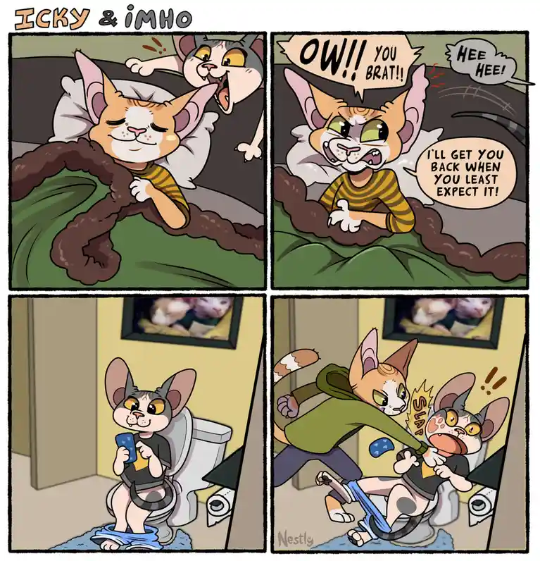 A four-panel comic strip titled 'ICKY & IMHO' shows two cartoon cats. In the first panel, a grey cat jumps onto a sleeping…