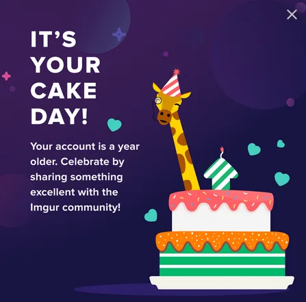 A cartoon giraffe wearing a party hat stands beside a two-tiered birthday cake with a single candle. The background is dark…