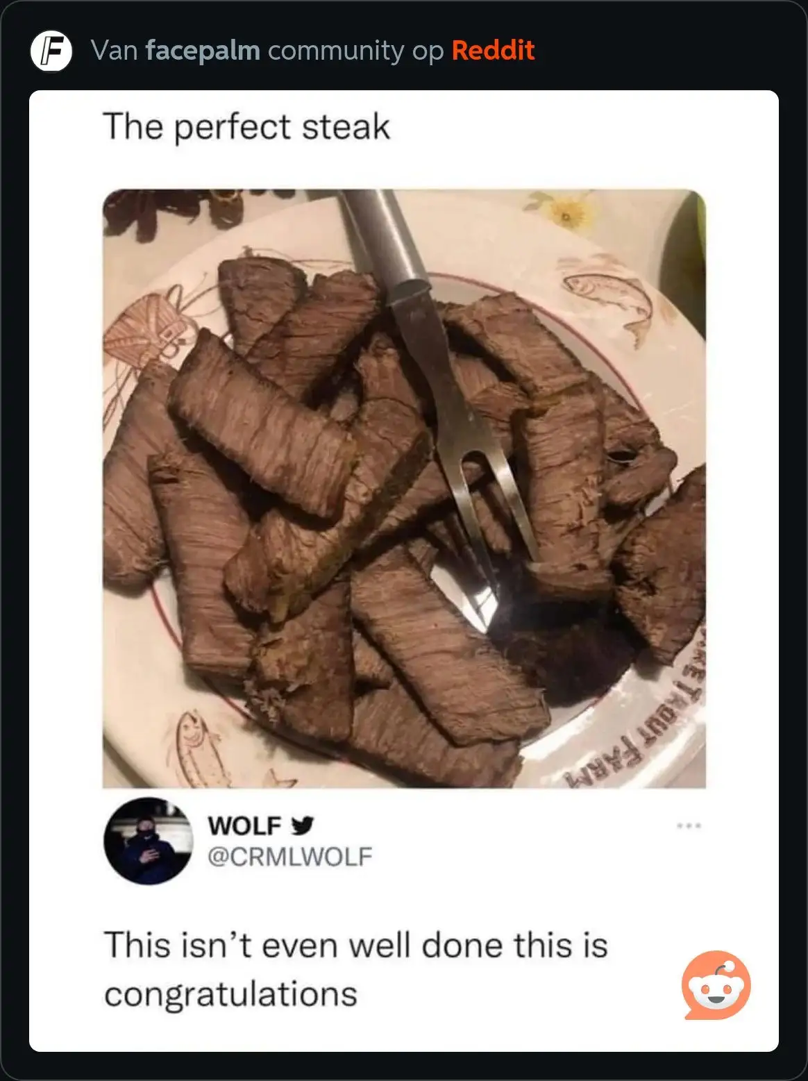 A plate piled high with very dark, charred, and seemingly overcooked steak slices, with a metal fork stuck in the center…