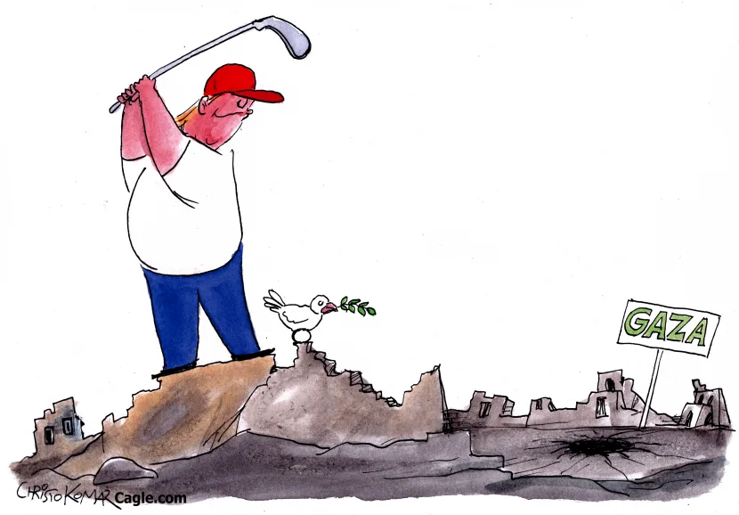 A cartoon depicts a man in a red cap and white shirt swinging a golf club on a ruined landscape labeled 'GAZA'. A white dove…