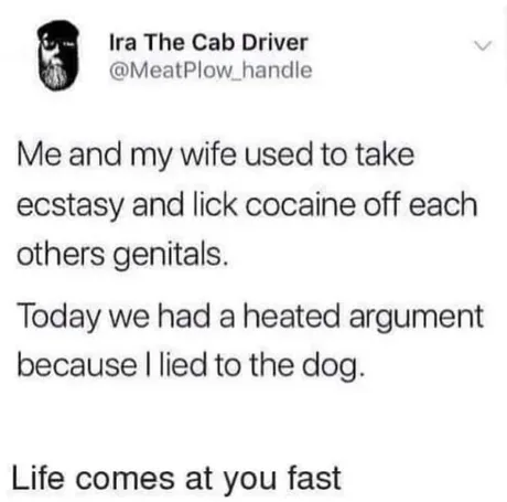 A screenshot of a tweet from 'Ira The Cab Driver' (@MeatPlow_handle) showing a darkly comedic confession: 'Me and my wife…