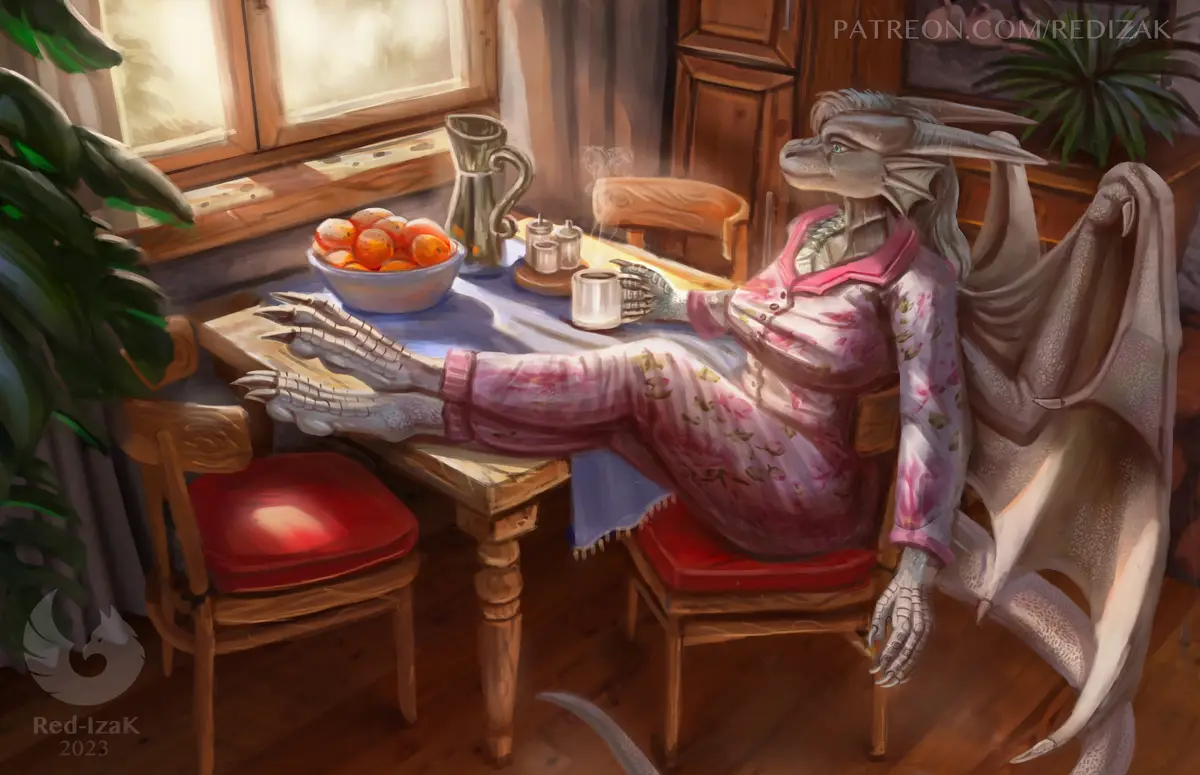 A dragon with grey scales and large wings is lounging in a wooden chair at a dining table, wearing pink floral pajamas. Its…