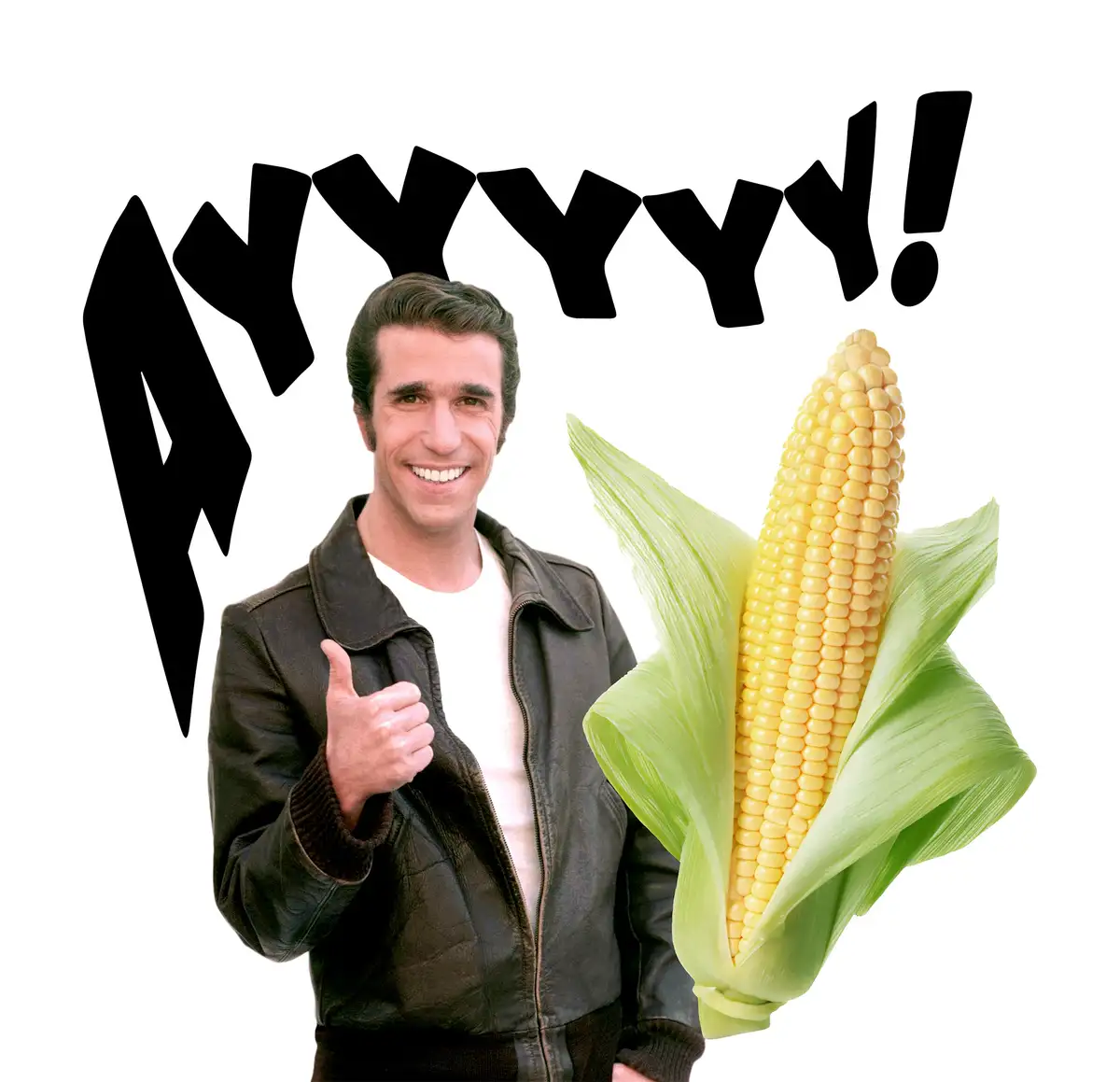 A man in a black leather jacket gives a thumbs-up next to a large ear of corn, with the text 'yyyyy!' in bold black letters…