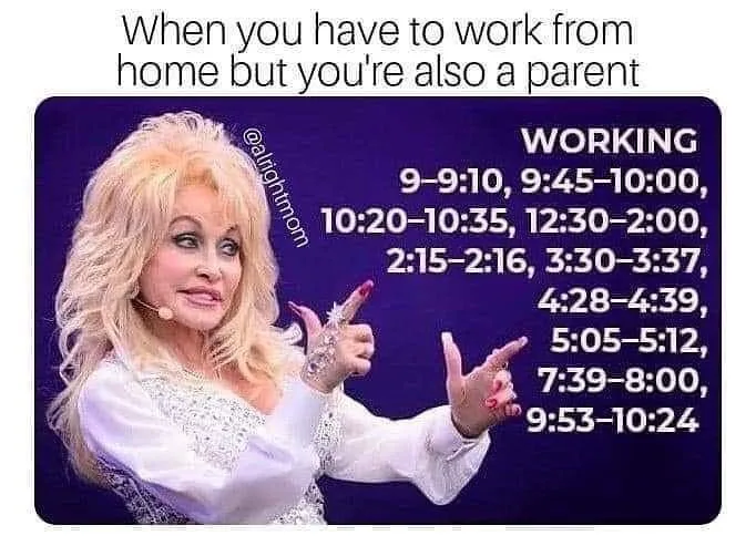 A woman with blonde hair and a white outfit points at a list titled 'WORKING' that shows fragmented time slots like 9-9:10…