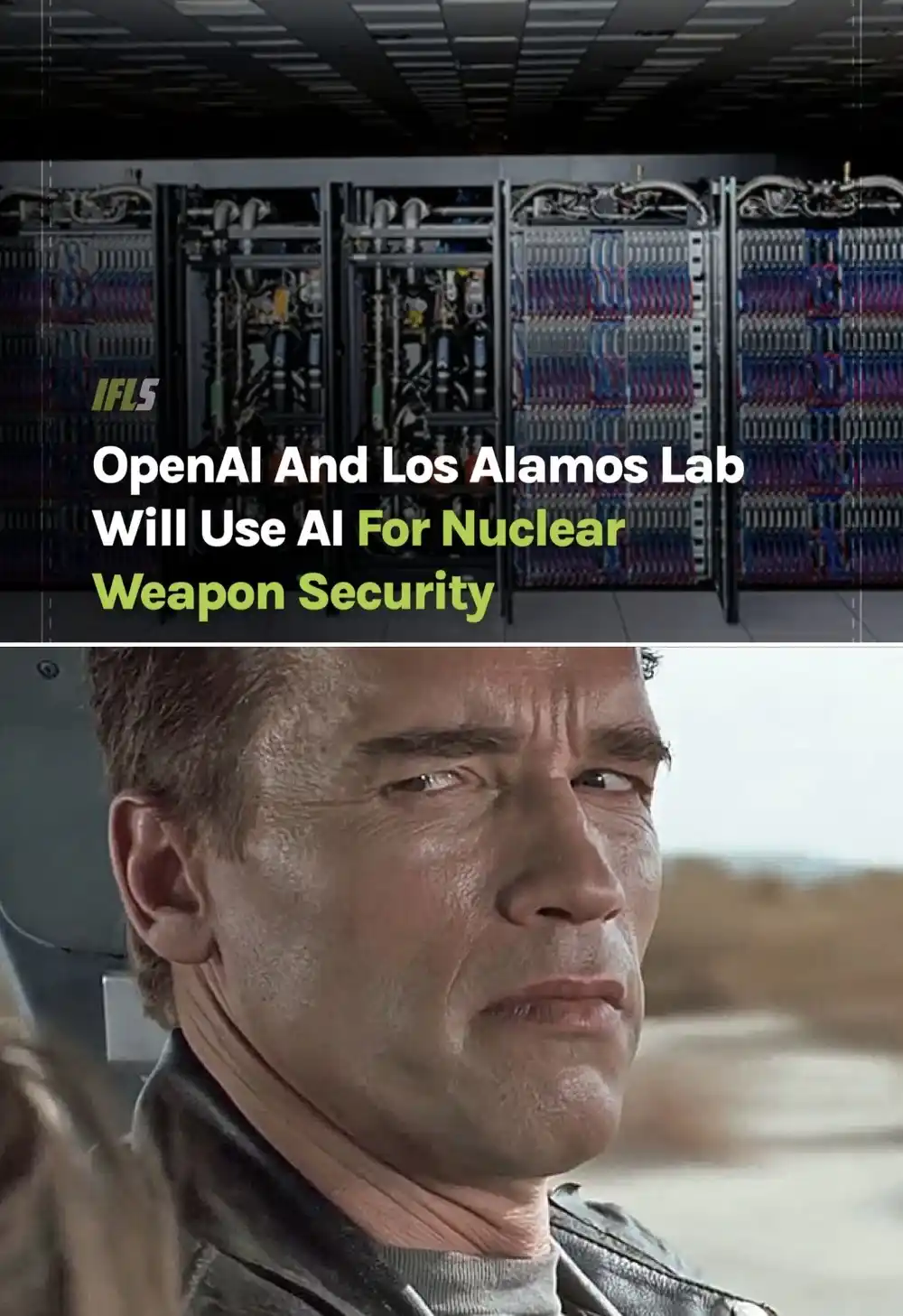 The image is split: the top half shows server racks in a data center with text overlay stating 'OpenAI And Los Alamos Lab…