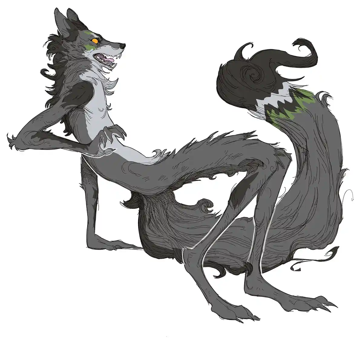 An anthropomorphic wolf-like creature with grey fur, green markings, and glowing orange eyes is depicted in a dynamic…