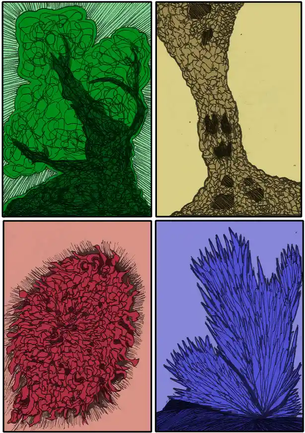 The image displays four distinct, stylized illustrations arranged in a 2x2 grid. Each panel depicts a different tree-like…