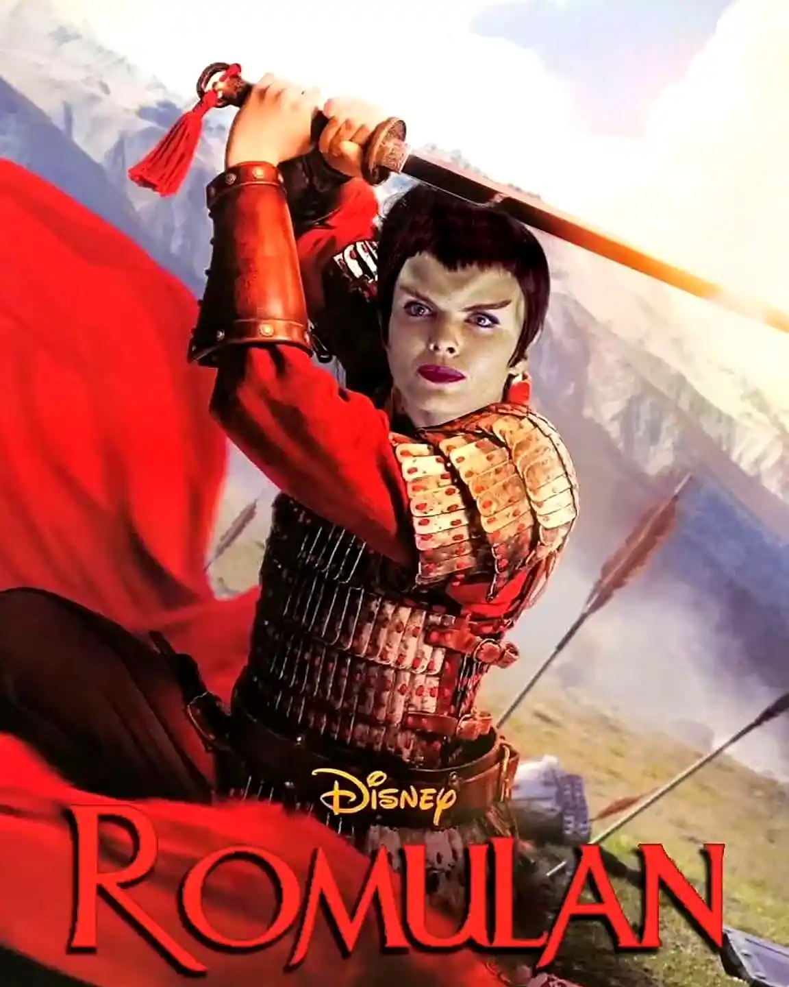 A person in red samurai armor with a red cape and sword raised, set against a mountainous backdrop with arrows flying. The…