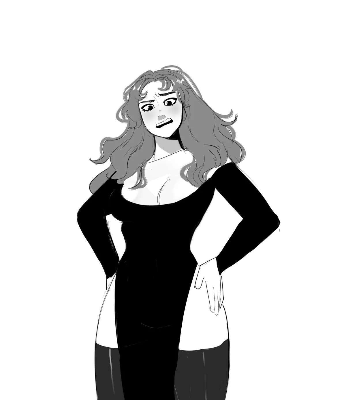A grayscale cartoon drawing of a woman with long wavy hair, wearing a black dress over a white top and dark pants, standing…