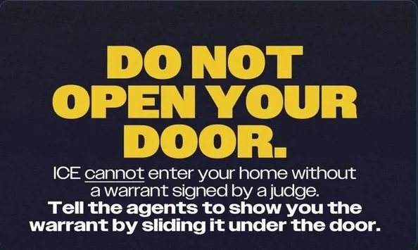 A dark blue background with bold yellow text at the top reading 'DO NOT OPEN YOUR DOOR.' Below, smaller white text states…