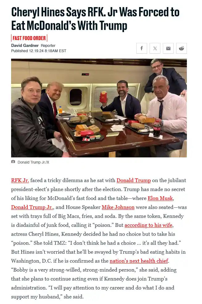 A screenshot of a news article titled 'Cheryl Hines Says RFK. Jr Was Forced to Eat McDonald's With Trump' shows a group of…