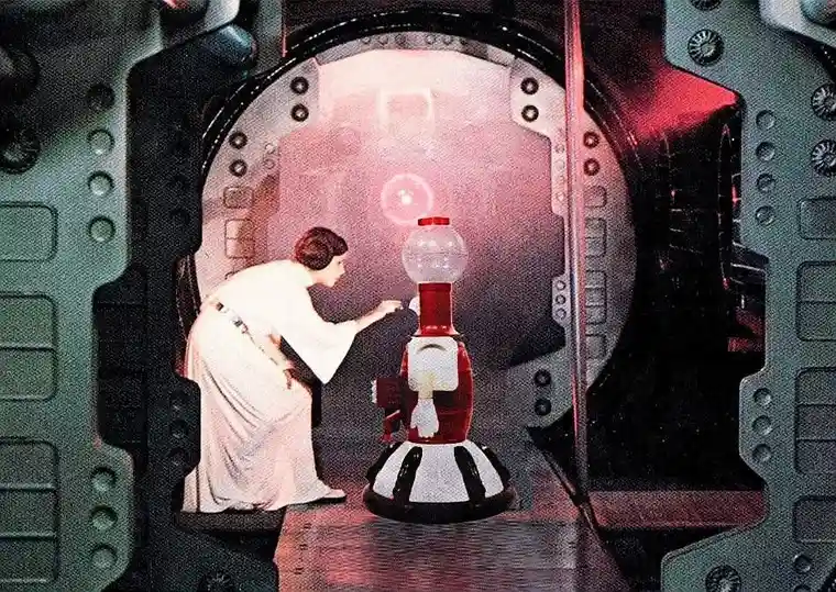 a woman in a white robe, resembling Princess Leia from Star Wars, is bent over interacting with a red and white gumball…