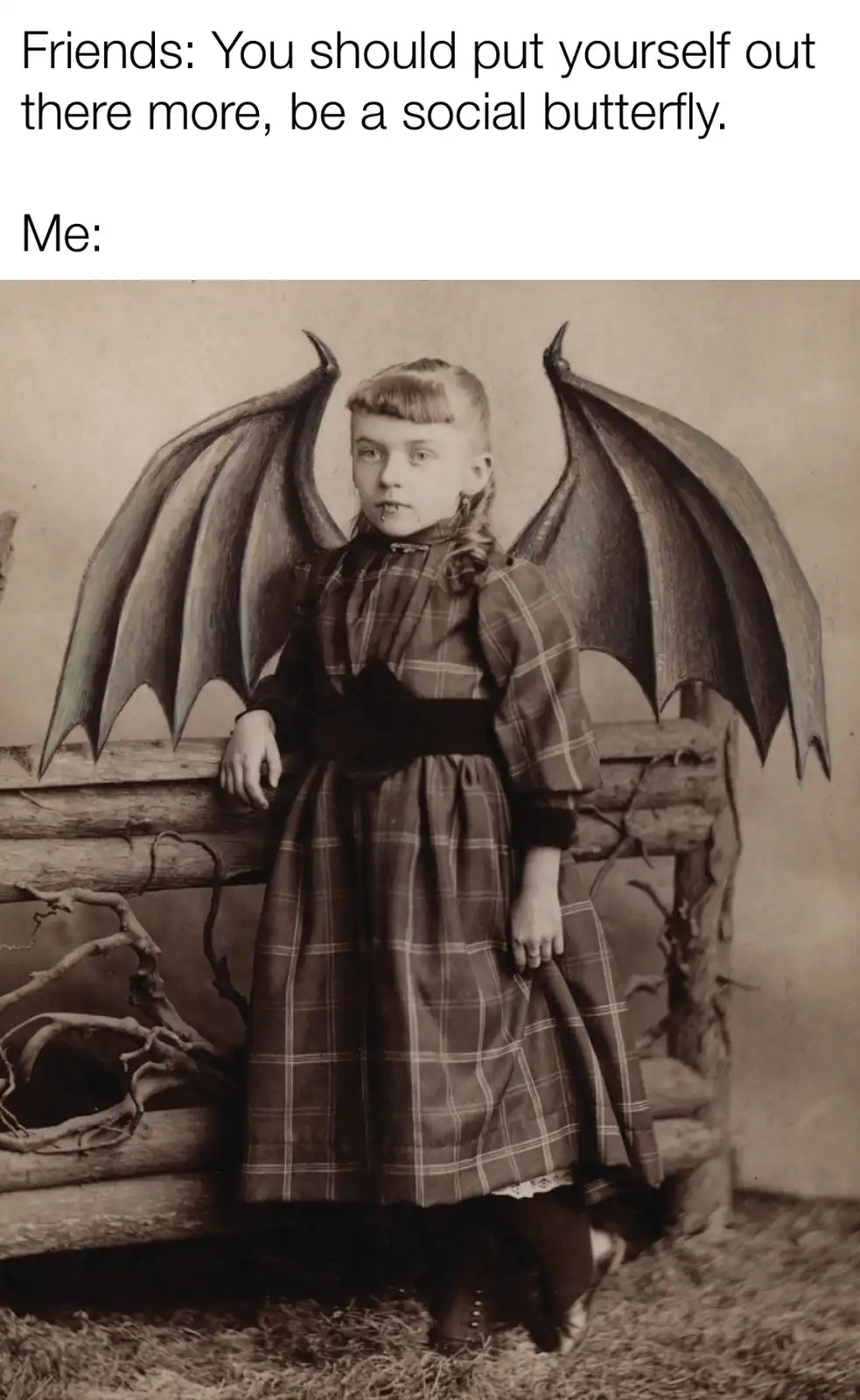 A vintage sepia-toned photograph shows a young girl in a plaid dress standing beside a wooden fence, with large, dark…