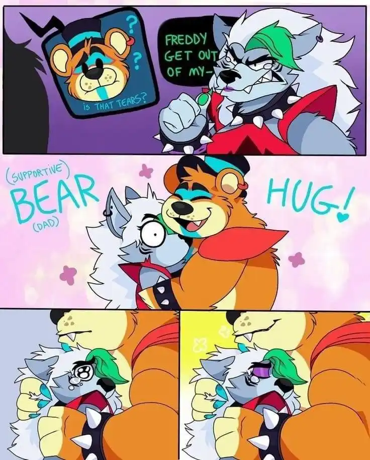 A three-panel comic strip featuring a wolf character with green hair and a red spiked outfit. In the first panel, the wolf…