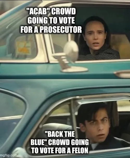 Two-panel meme using scenes from the movie 'The Nice Guys' showing a woman in a teal car looking shocked in the top panel…
