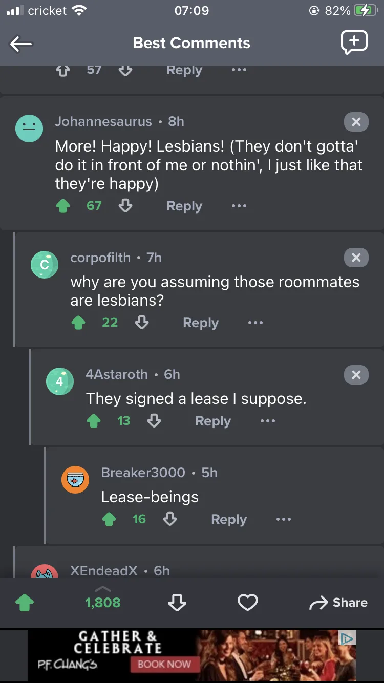 A screenshot of a Reddit comment section showing a comment by 'Johannesaurus' that reads 'More! Happy! Lesbians! (They don't…