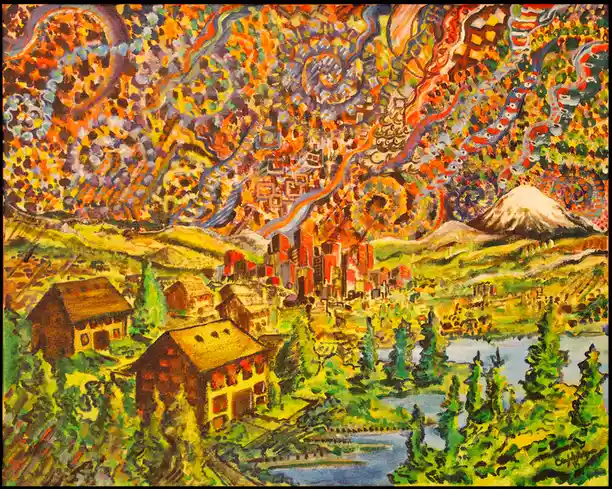 A colorful, textured painting depicts a rural landscape with wooden houses, a river, and distant mountains, contrasted by a…