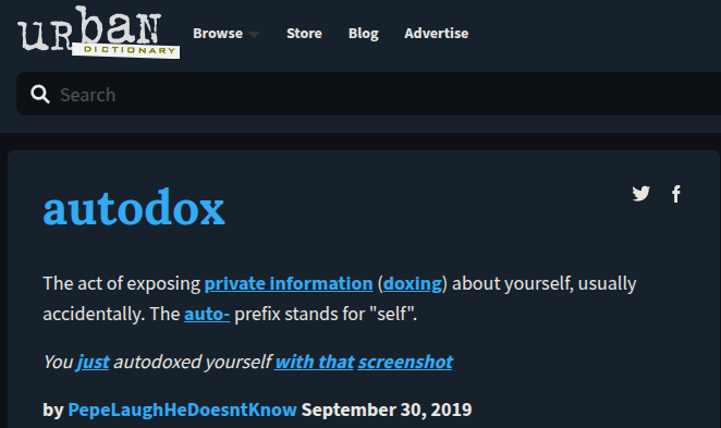 A screenshot of the Urban Dictionary page defining 'autodox' as the act of accidentally exposing one's own private…