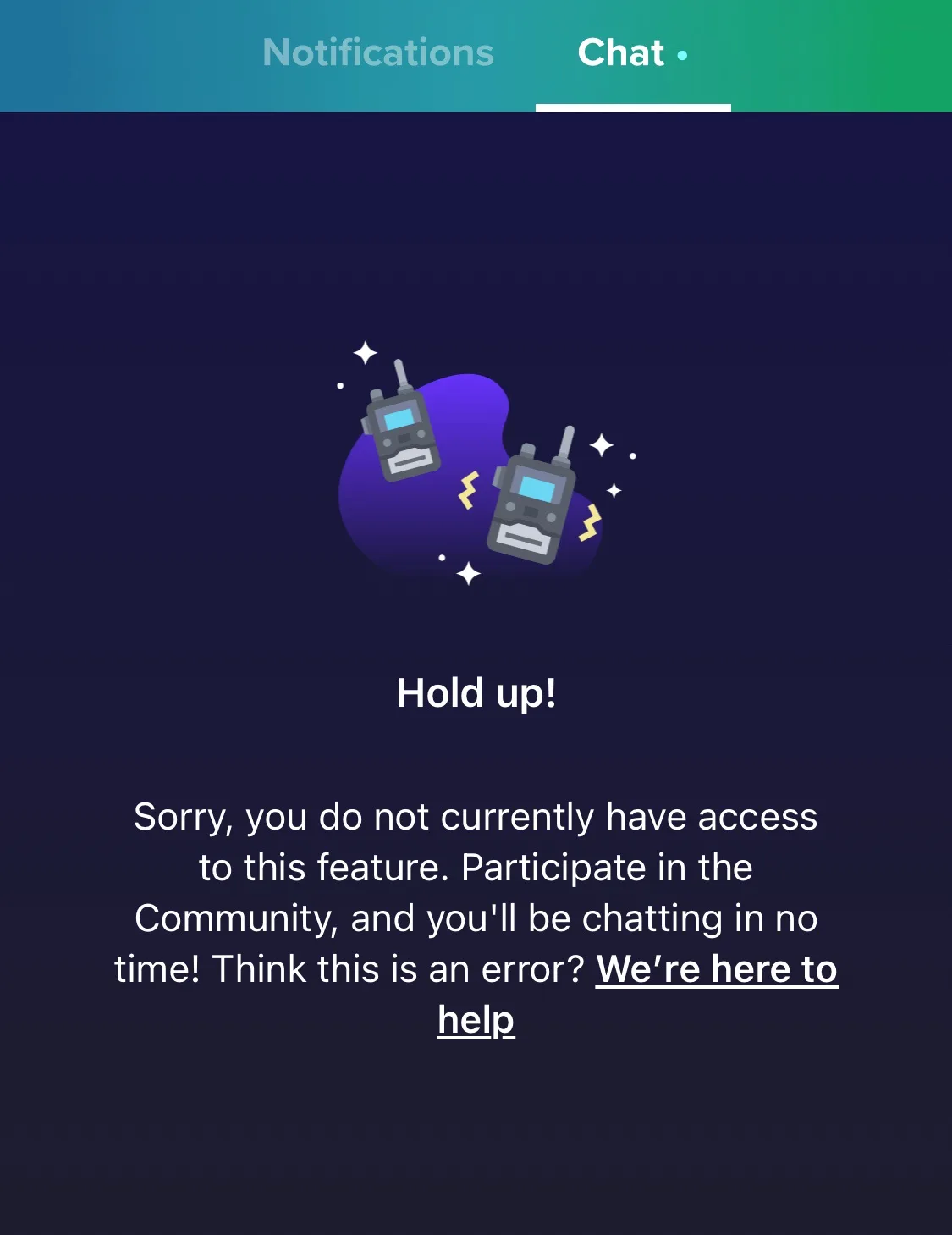 An app interface shows a 'Chat' tab selected, with a graphic of two walkie-talkies on a purple blob. Below, text reads 'Hold…