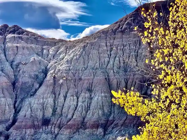 A scenic photo of a rugged, layered rock cliff under a blue sky with white clouds, framed by vibrant yellow autumn leaves on…