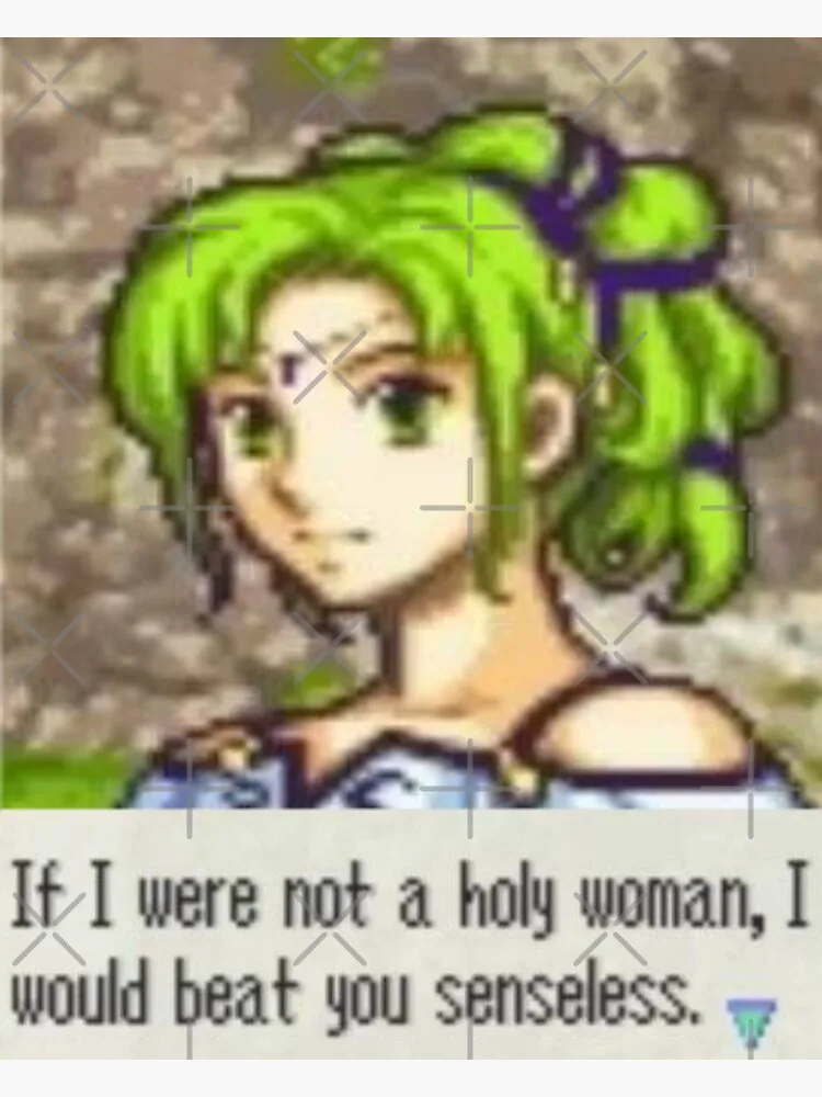 A pixelated image of a female video game character with green hair tied in a ponytail with a purple ribbon, wearing a blue…